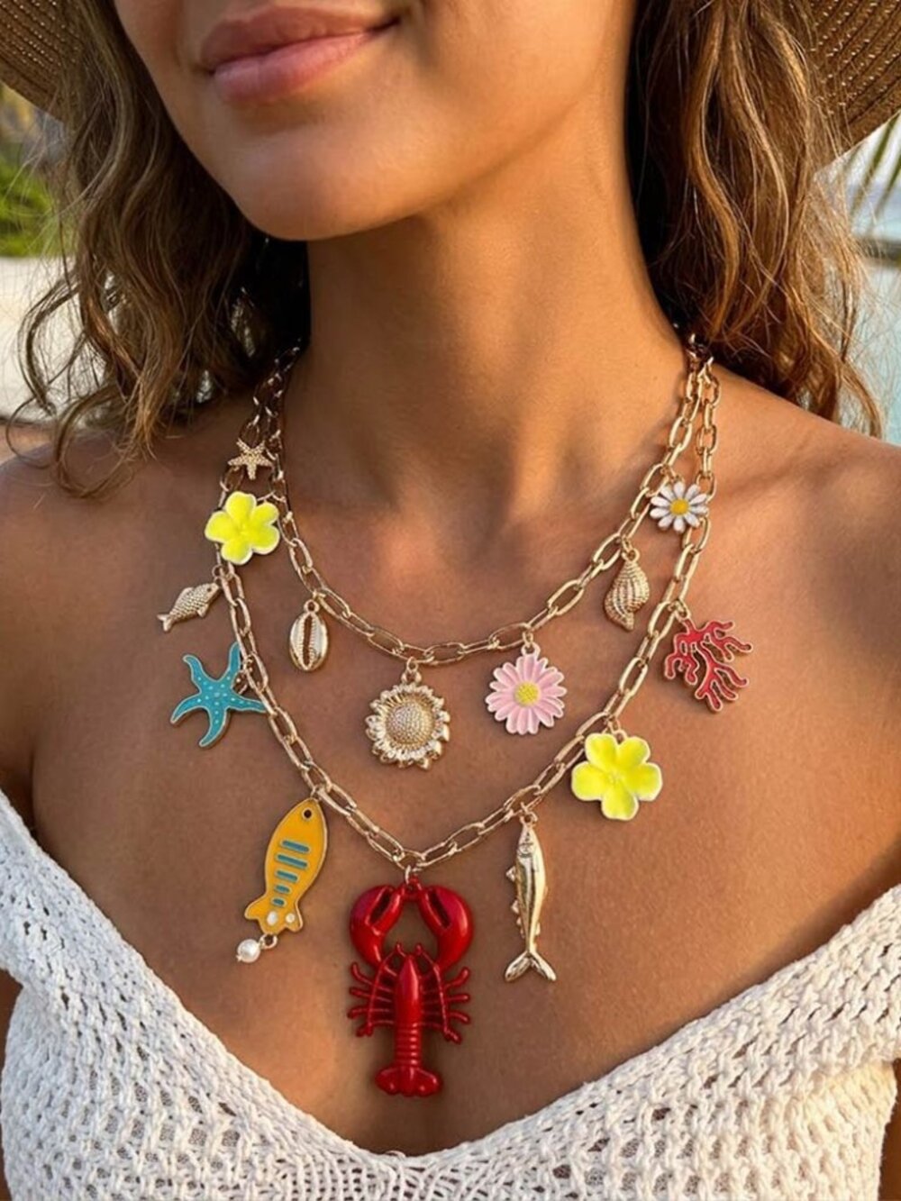 NEW Summer Fun Bold Coastal Lobster Fish Starfish Coral Gold Charm Necklace